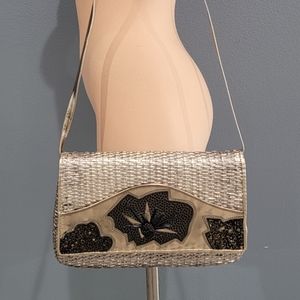 Vtg RODO wicker metallic silver purse clutch
